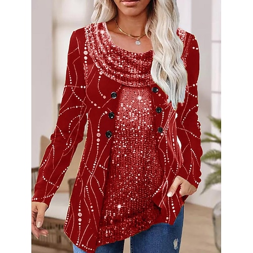 

Women's Blouse Shirt Black Blue Yellow Graphic Sequins Button Long Sleeve Casual Basic Round Neck Regular S