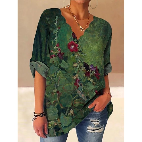 

Women's Blouse Shirt Green Purple khaki Floral Print Long Sleeve Casual Holiday Basic V Neck Regular Floral S