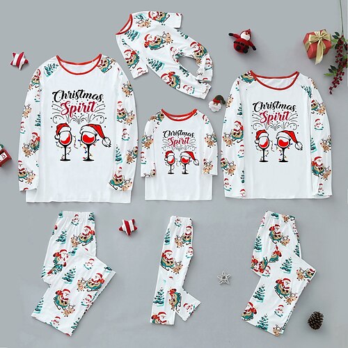 

Christmas Pajamas Family Letter Santa Claus Elk Home White Long Sleeve Basic Matching Outfits