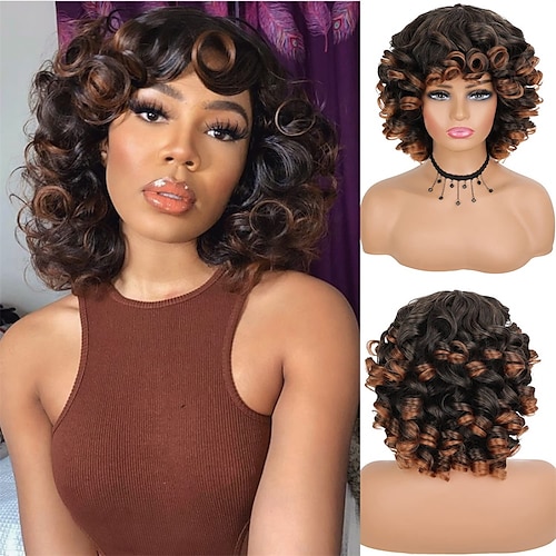 

Curly Wigs for Black Women - Short Big Curly Wig with Bangs Synthetic Hair Replacement Wigs for African American Women14 Inch Afro Kinky Wavy Wigs for Daily Use