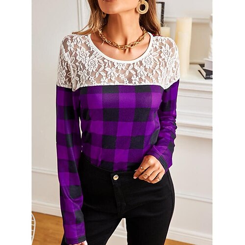 

2022 autumn and winter european and american women's clothing independent station wish round neck lace stitching top plaid print long-sleeved t-shirt