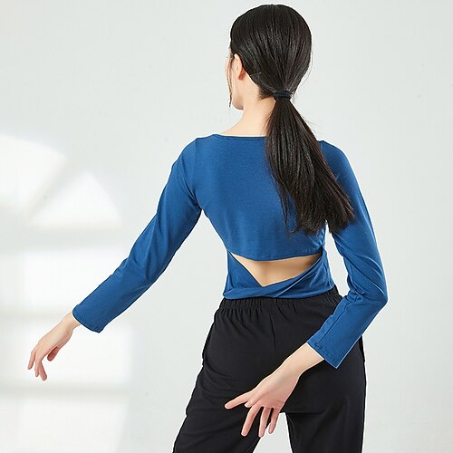 

Activewear Top Ruching Hollow-out Pure Color Women's Performance Training Long Sleeve High Cotton Blend