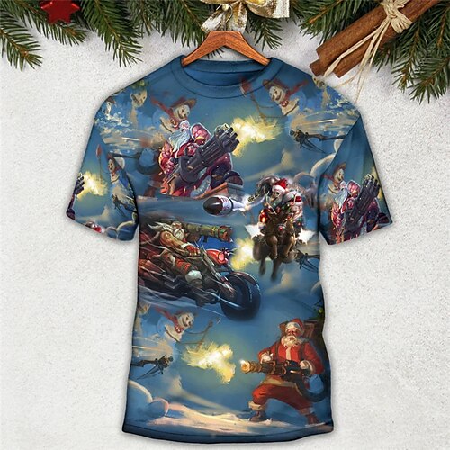 

Men's T shirt Tee Santa Claus Graphic Prints Crew Neck Blue 3D Print Outdoor Christmas Short Sleeve Print Clothing Apparel Sports Designer Casual