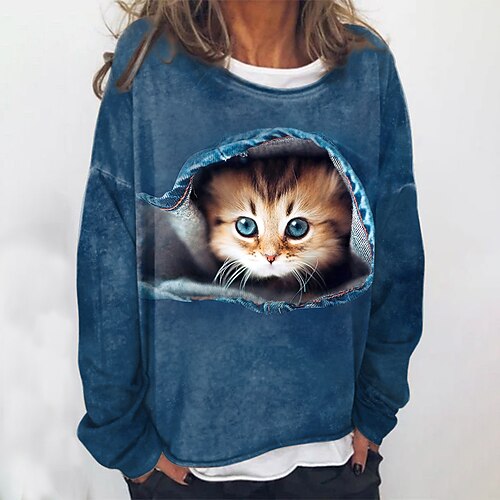 

Women's Sweatshirt Pullover Basic Blue Cat Street Round Neck Long Sleeve S M L XL 2XL