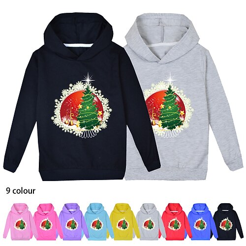 

Kids Boys Christmas Hoodie Pullover Christmas Tree Long Sleeve Children Top Casual Hoodie Active Fashion Light Blue Black Purple Winter 7-13 Years