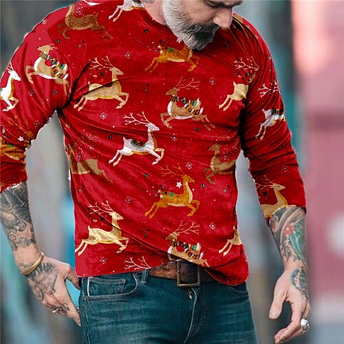

Men's T shirt Tee Elk Snowman Graphic Prints Crew Neck Wine Red Red 3D Print Christmas Daily Long Sleeve Print Clothing Apparel Basic Streetwear Designer Casual