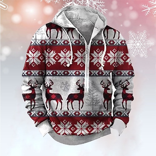 

Men's Pullover Full Zip Hoodie Red Hooded Elk Graphic Prints Snowflake Zipper Print Christmas Casual Daily 3D Print Basic Streetwear Designer Spring & Fall Clothing Apparel Hoodies Sweatshirts