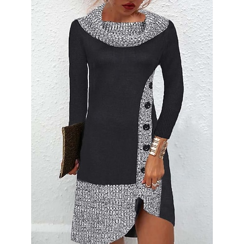 

Women's Sweater Dress Knit Dress Mini Dress Black gray Long Sleeve Color Block Patchwork Winter Fall Autumn Halter Neck Stylish Weekend 2022 S M L XL XXL 3XL