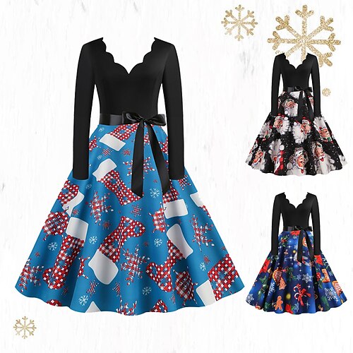 

Women's Christmas Swing Dress Vintage Dress Knee Length Dress Blue Red Navy Blue Black Long Sleeve Plaid Santa Claus Elk Bow Print Fall Winter V Neck Vacation Vintage 2022 S M L XL XXL 3XL