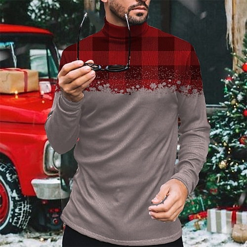 

Men's T shirt Tee Graphic Snowflake Turtleneck Red 3D Print Outdoor Christmas Long Sleeve Print Clothing Apparel Basic Streetwear Designer Comfortable