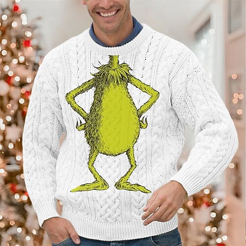 

Men's Sweater Ugly Christmas Sweater Pullover Ribbed Knit Cropped Knitted Christmas Pattern Crew Neck Keep Warm Modern Contemporary Christmas Work Clothing Apparel Fall & Winter Black Green S M L