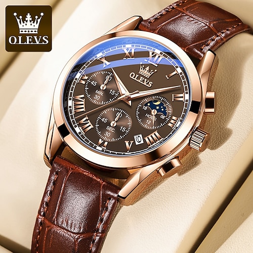 

OLEVS Men Watches Fashion Waterproof Shock Luminous Leather Quartz Watch Chronograph Noctilucent Alloy Quartz Wristwatch