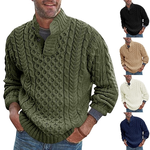 

Men's Sweater Pullover Sweater Waffle Knit Knitted Braided Solid Color Stand Collar Basic Stylish Daily Holiday Clothing Apparel Winter Fall Black Army Green M L XL