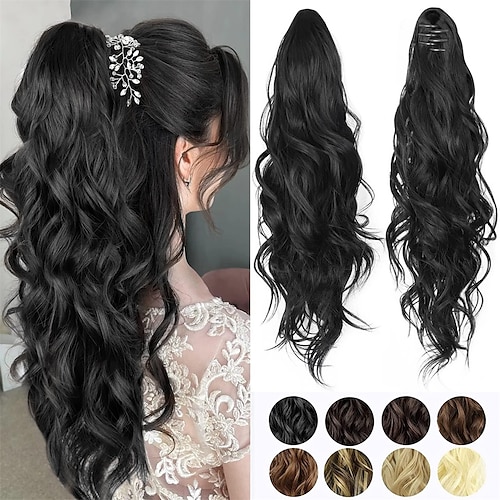 

Wavy Claw Clip In Ponytail Hair Extensions Synthetic Fluffy Hairpiece for Women Daily Use 20 Inch