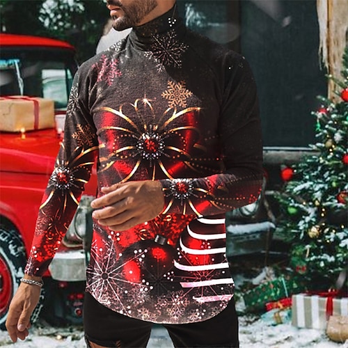 

Men's T shirt Tee Graphic Snowflake Turtleneck Red 3D Print Outdoor Christmas Long Sleeve Print Clothing Apparel Basic Streetwear Designer Comfortable