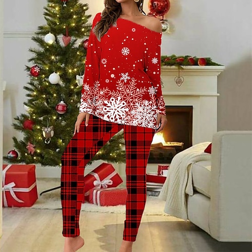 

Women's Christmas Plus Size Pajamas Sets Snowman Grid / Plaid Fashion Comfort Soft Home Carnival Cotton Spandex Jersey Gift Long Sleeve T shirt Tee Pant Elastic Waist Fall Spring Blue Red
