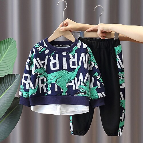

2 Pieces Toddler Boys Sweatshirt & Pants Outfit Animal Cartoon Long Sleeve Set Casual Active Adorable Winter Fall 7-13 Years Green Yellow