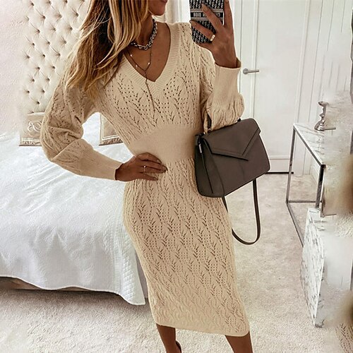 

Women's Sweater Dress Sheath Dress Knit Dress Midi Dress Khaki Beige Long Sleeve Pure Color Knit Winter Fall Autumn V Neck Modern Daily Date Vacation Loose Fit 2022 M L XL XXL 3XL