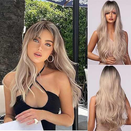 

parrucca biondo chiaro ombre con frangia - parrucche bionde ondulate lunghe naturali per donne radici scure capelli sintetici realistici resistenti al calore migliori parrucche per tutti i