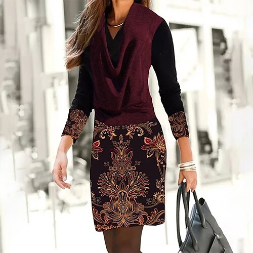 

Women's Casual Dress Sheath Dress Mini Dress Wine Long Sleeve Graphic Print Winter Fall Spring V Neck Stylish Weekend 2022 S M L XL XXL 3XL