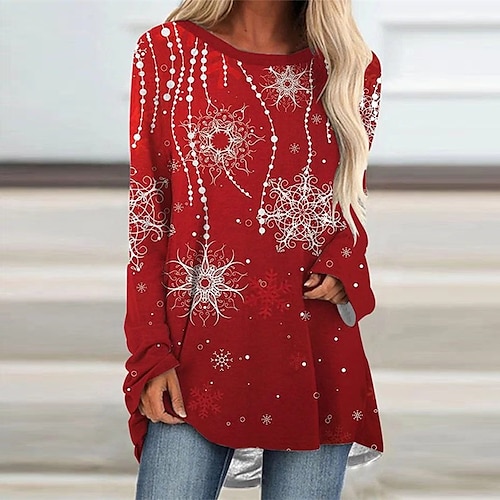 

Women's Casual Dress T Shirt Dress Tee Dress Shift Dress Mini Dress Wine Long Sleeve Snowflake Print Winter Fall Spring Crew Neck Fashion Christmas Daily 2022 S M L XL XXL 3XL