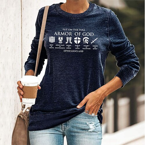 

Women's T shirt Tee Green Black Blue Graphic Letter Print Long Sleeve Casual Daily Basic Round Neck Regular Cotton Painting S