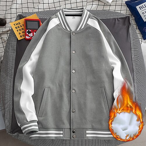 

Men's Varsity Jacket Soft Outdoor Casual / Daily School Daily Wear Vacation Single Breasted Standing Collar Warm Ups Comfort Jacket Outerwear Color Block Stripes Button Pocket Light Gray Dark Blue