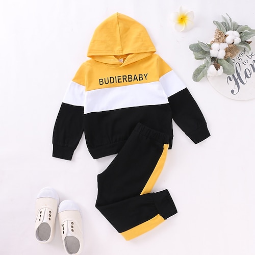 

2 Dele Baby Pige Farveblok Sweatshirt & Bukser Sæt Langærmet Aktiv udendørs 3-7 år Vinter Gul
