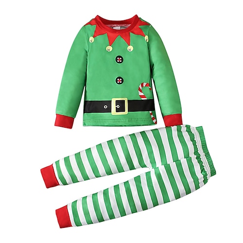 

Kids Boys 2 Pieces Ugly Christmas Pajamas Long Sleeve Green Stripe Winter Fall Basic Home 3-7 Years