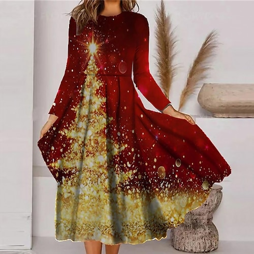 

Women's Christmas Casual Dress Swing Dress Midi Dress Black Blue Wine Long Sleeve Snowman Pocket Winter Fall Autumn Fashion Christmas Daily 2022 S M L XL XXL 3XL