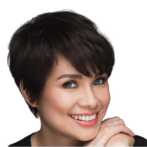 

Short Bob Wavy Wig With Bangs Full Machine Made No Lace Wigs For Women Brazilian Remy Straight Human Hair Pixie Cut Wig