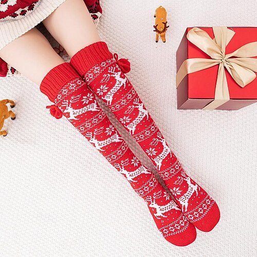 

Women's Stockings Thigh-High Crimping Socks Tights Thermal Warm Stretchy Knitting Christmas Vacation Casual Daily Red One-Size