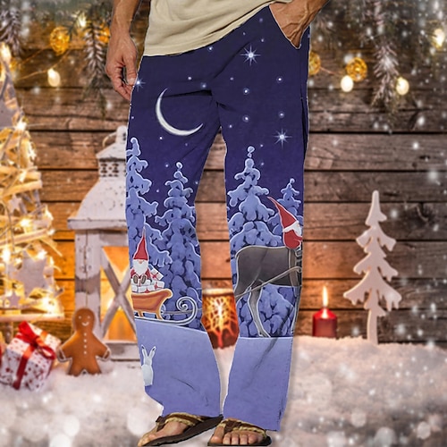 

Men's Christmas Pants Trousers Beach Pants Drawstring Elastic Waist 3D Print Tree Santa Claus Graphic Prints Comfort Soft Christmas Casual Daily Streetwear Designer Blue Gray