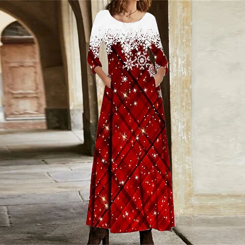 

Women's Casual Dress Swing Dress Maxi long Dress Wine Red Long Sleeve Plaid Pocket Winter Fall Spring Crew Neck Fashion Christmas Daily Vacation 2022 S M L XL XXL 3XL