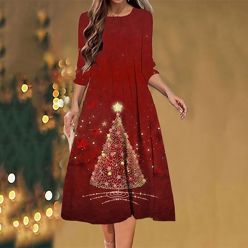 

Women's Christmas Casual Dress Shift Dress Midi Dress Wine 3/4 Length Sleeve Christmas Tree Ruched Winter Fall Autumn Fashion Christmas Daily 2022 S M L XL XXL 3XL