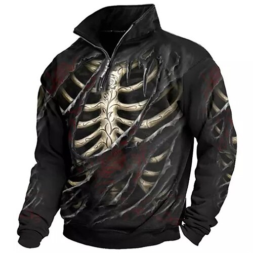 

Men's Zip Up Sweatshirt Pullover Quarter Zipper Sweatshirt Black Half Zip Graphic Prints Skeleton Zipper Print Daily Sports 3D Print Basic Designer Casual Spring & Fall Clothing Apparel Hoodies