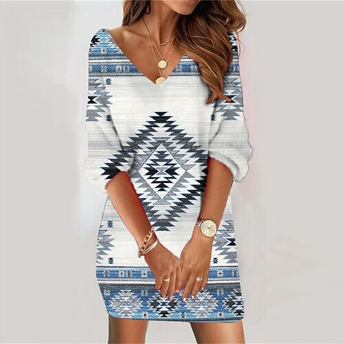 

Women's Sweatshirt Dress Shift Dress Sweat Dress Mini Dress Green Blue Navy Blue 3/4 Length Sleeve Geometric Print Winter Fall Spring V Neck Fashion Daily 2022 S M L XL XXL 3XL