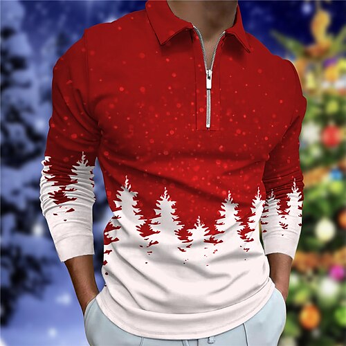 

Men's Polo Shirt Golf Shirt Tree Graphic Prints Turndown Red Blue Brown Green Dark Blue 3D Print Christmas Street Long Sleeve Zipper Print Clothing Apparel Fashion Designer Casual Soft