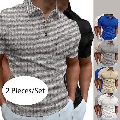 

2PCS Men's Collar Polo Shirt Waffle Polo Shirt Golf Shirt Solid Colored Turndown KhakiKhaki WhiteGray WhiteWhite BlackGray GrayBlue Street Daily Short Sleeve Button-Down Clothing Apparel Fashion