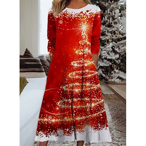 

Women's Christmas Casual Dress Swing Dress Midi Dress Wine Red Long Sleeve Santa Claus Pocket Winter Fall Autumn Fashion Daily Weekend 2022 S M L XL XXL 3XL