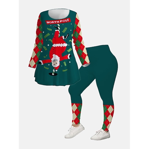 

Women's Plus Size Ugly Christmas Set Graphic Print 3/4 Length Sleeve V Neck Casual Festival Daily Polyester Winter Fall Green