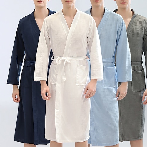 

Men's Robe Bath Robe Pure Color Fashion Simple Casual Home Polyester Comfort Breathable Plunging Neck Long Robe Pocket Belt Included Spring Summer Navy Blue Light Blue