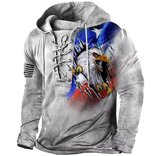 

Men's Pullover Hoodie Sweatshirt Pullover Gray Hooded Graphic Prints Eagle National Flag Lace up Print Casual Daily Sports 3D Print Basic Streetwear Designer Spring & Fall Clothing Apparel Hoodies