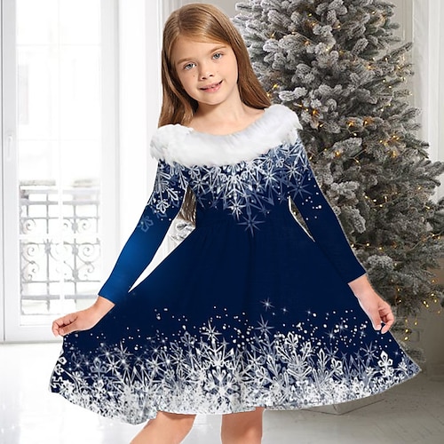 

Christmas Kids Girls' Dress Snowflake Casual Dress Above Knee Dress Gifts Fur Trim Crew Neck Long Sleeve Adorable Dress 2-13 Years Winter Blue Wine