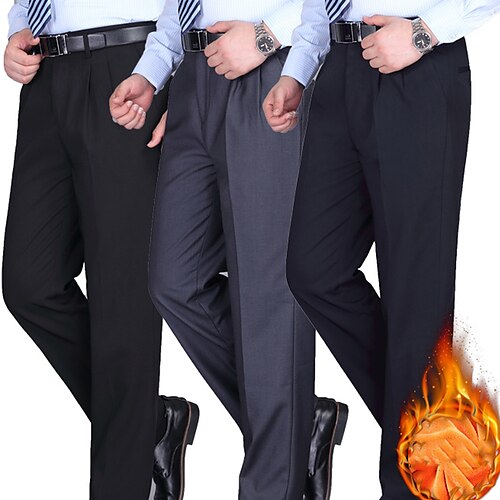 

Men's Dress Pants Fleece Pants Trousers Pocket Solid Color Comfort Warm Business Casual Daily Cotton Blend Retro Vintage Formal Black Blue Stretchy