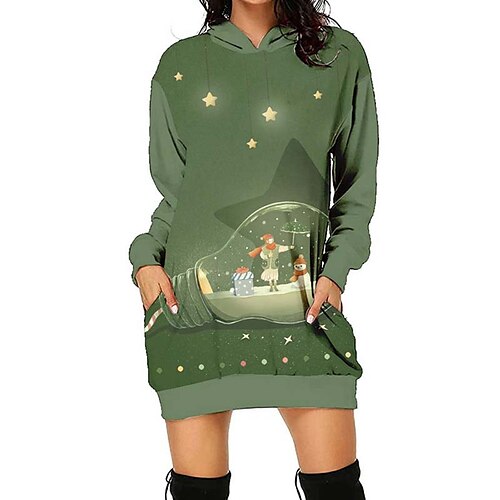 

Women's Hoodie Dress Shift Dress Mini Dress Green Blue Orange Long Sleeve Letter Patchwork Winter Fall Autumn Hooded Christmas Vacation 2022 S M L XL XXL