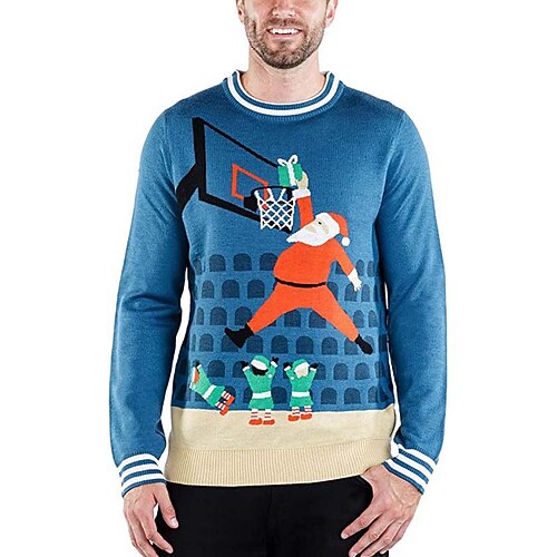 

Men's Sweater Ugly Christmas Sweater Pullover Sweater Jumper Ribbed Knit Cropped Knitted Christmas Pattern Crew Neck Keep Warm Modern Contemporary Christmas Work Clothing Apparel Fall & Winter Blue S