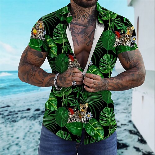 

Men's Shirt Aloha Shirt Leopard Graphic Prints Leaves Turndown Green Gray 3D Print Street Casual Short Sleeves Button-Down Print Clothing Apparel Tropical Designer Casual Hawaiian