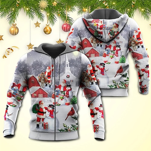 

Men's Full Zip Hoodie Jacket Gray Hooded Santa Claus Graphic Prints Ugly Christmas Zipper Print Sports Outdoor Daily Sports 3D Print Streetwear Designer Casual Spring Fall Clothing Apparel