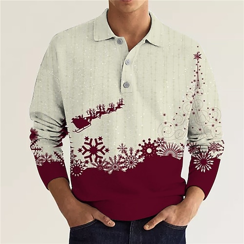 

Men's Collar Polo Shirt Golf Shirt Elk Graphic Prints Snowflake Turndown Green Wine 3D Print Christmas Street Long Sleeve Button-Down Print Clothing Apparel Fashion Designer Casual Soft